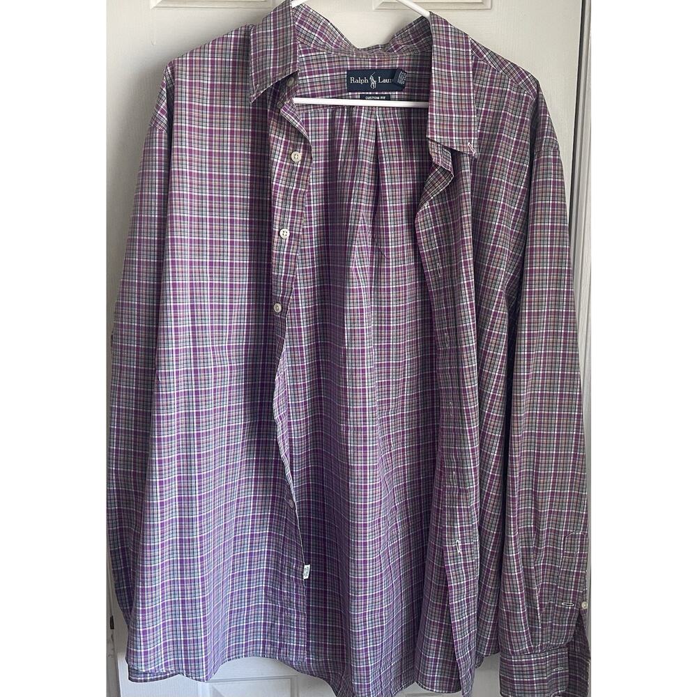Ralph Lauren Men's Custom Fit Cotton Purple Green Plaid Long Sleeve Button-Up